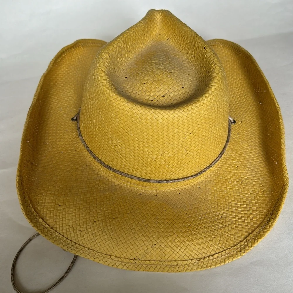 AUGUST Yellow Paper Straw Western Fedora Hat Elastic Band Cord String NWOT $75